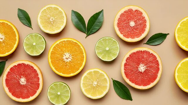 Colorful Citrus Fruit Slices And Green Leaves Arranged On A Brown Surface