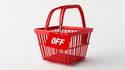 3D render of a plastic shopping basket with a red "50% OFF" discount tag attached, placed on a clean white background with realistic lighting, shadows, and minimal modern retail presentation

