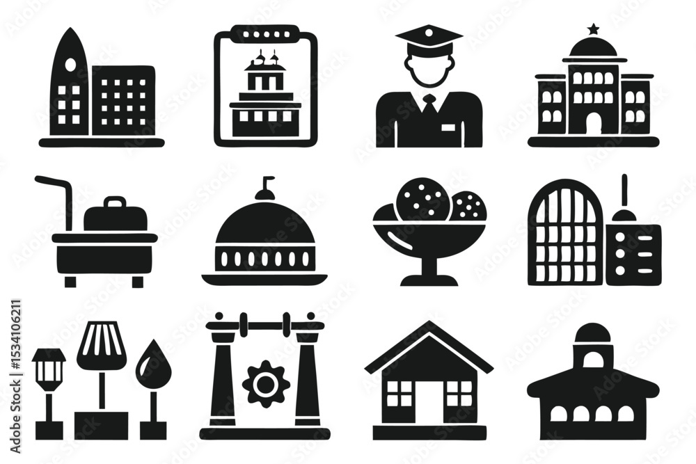 Poster collection of black and white silhouettes of various icons representing architecture and objects