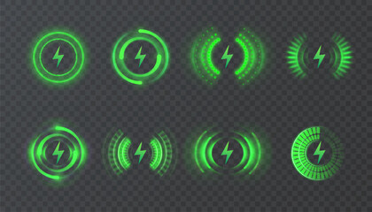Digital icons in neon bright green style with bright lightning symbols. Energy indicators for HUD interfaces and charging panels.