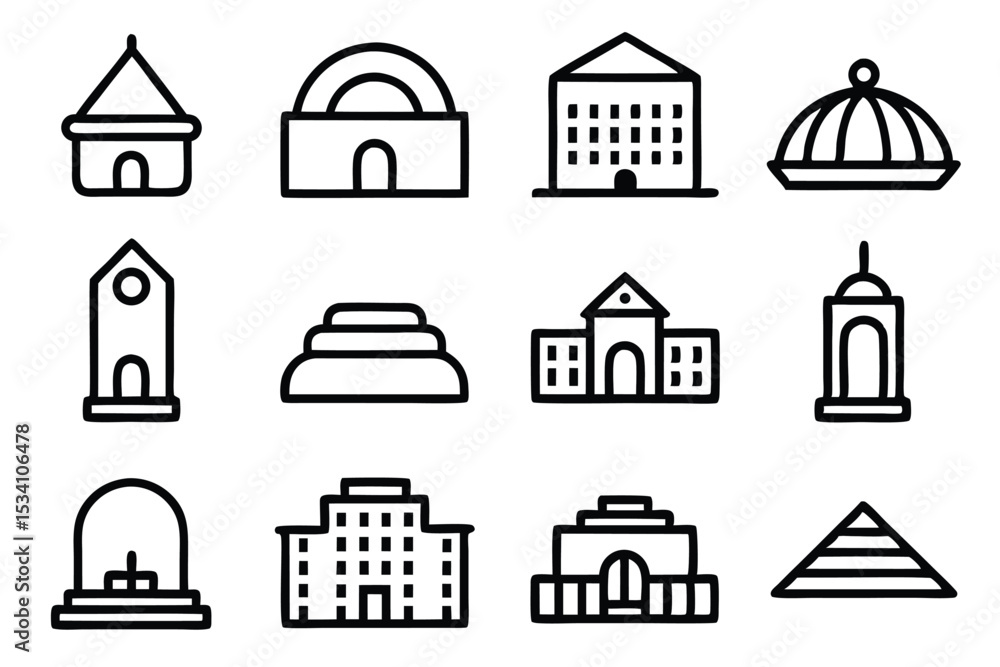Poster collection of simple line art building icons representing architecture and construction concepts