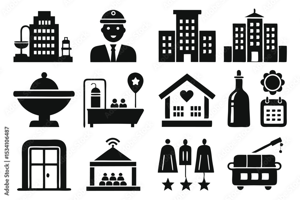 Poster collection of vector icons representing buildings people objects and events in black and white