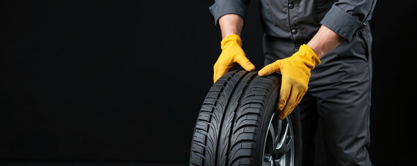 Fototapeta premium Car mechanic in work uniform holding tire on black background. Auto repair specialist with protective gloves, wheel tire on studio backdrop. Tire service, car maintenance concept. Repairman job, car