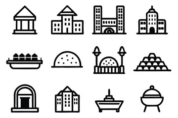Collection of simple black and white icon illustrations of buildings and other elements
