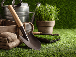 Still life of gardening tools including a shovel, watering can, and potted grass