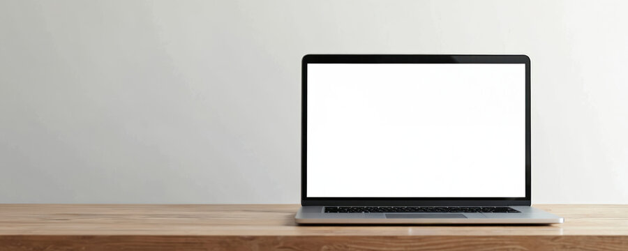 Modern laptop mockup with blank screen. Open laptop on wooden table against white wall. Tech device template for web design apps branding. Minimalist workspace in modern home.