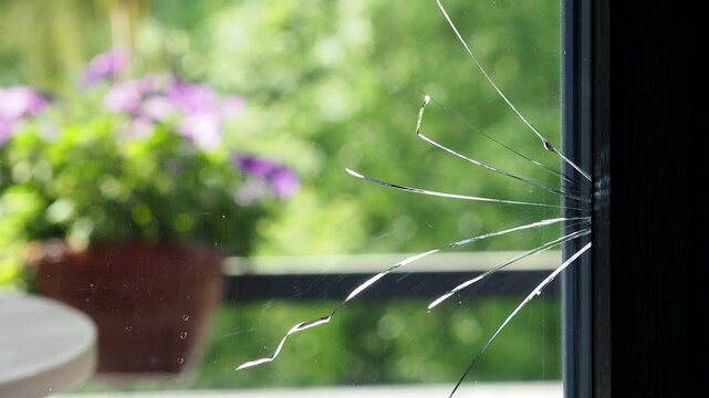 Cracked glass in the window frame. The panoramic window in the country house cracked after the shrinkage of the house. Window replacement. Glazier. Construction. vandalism or natural disaster