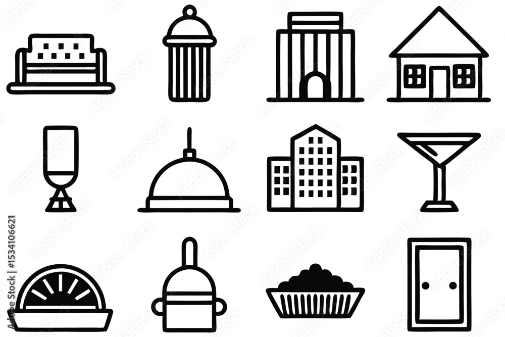 Poster set of various black and white icons representing everyday objects and architecture