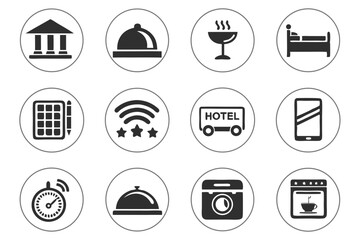 Set of minimalist hotel and travel icons representing essential services and amenities