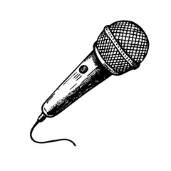 Hand-drawn classic mic illustration with black ink engraving and stippled shading