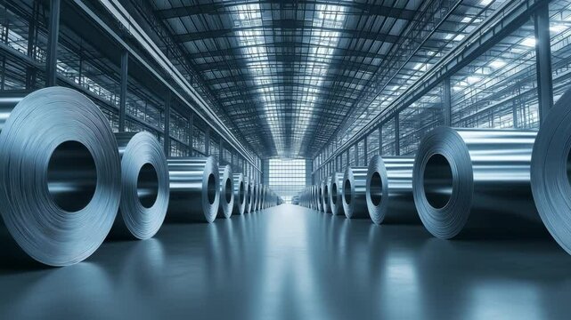 Large steel coils are stored in an expansive industrial warehouse illuminated by natural light streaming through windows