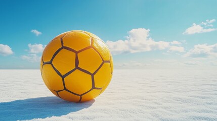 Vibrant Yellow Soccer Ball on Majestic Landscape Under Blue Sky