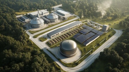 Obraz premium Highly realistic modern bioenergy facility in a rural landscape surrounded by forest buffers, clean technology structures, and biomass storage for sustainable energy generation and carbon neutrality