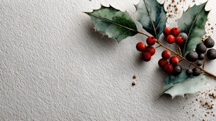 Holly berries and leaves on a textured surface.