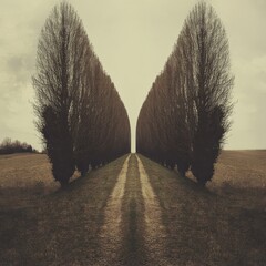 A symmetrical arrangement of trees flanking a straight pathway leading to an open space