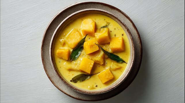 Vietnamese taro sweet potato in coconut milk che khoai mon served in ceramic bowl dessert top down view white background