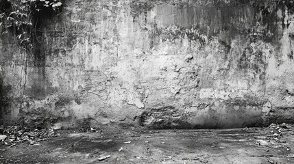 Textured Grey Concrete Backdrop with Rough Surface and Vegetation