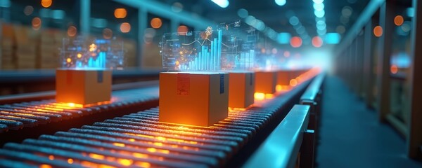 Conveyor belt transports cardboard boxes with digital data overlay. Boxes move through distribution center. Modern tech with digital charts over boxes. Smart logistic marketplace delivery.