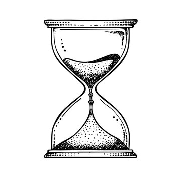 Hand-drawn hourglass with flowing sand and classic engraved style