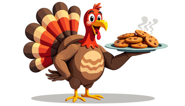 Animated turkey holding a plate of cookies, the concept of Thanksgiving holiday