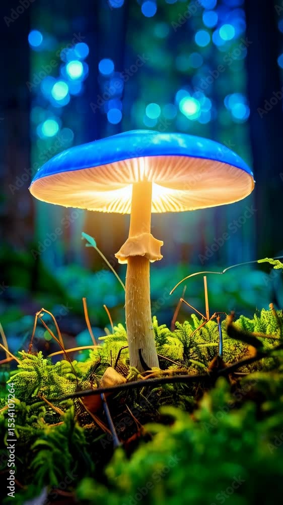 Poster magical blue mushroom glows in a forest setting surrounded by moss and blurred bokeh background crea