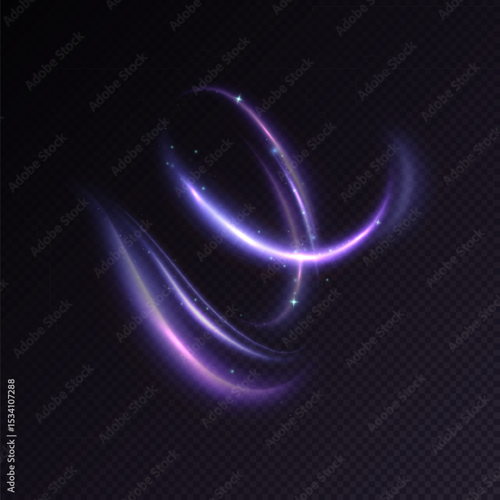 Poster Light swirl with sparks and dust in violet-blue glow on transparent background. Dynamic magical swirl effect with neon energy and particle trails.
