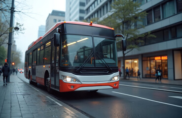 Obraz premium Modern public transportation bus drives on asphalt road at city street. Passenger bus for urban transport, travel. Road vehicle, public service for commuting, tourism, ride, travel.