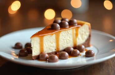 Delicious slice cheesecake with caramel sauce. Decorated with chocolate balls, served on white plate. Sweet dessert. Food photo for restaurant menu or food blog. Blurred bokeh background
