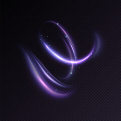 Light swirl with sparks and dust in violet-blue glow on transparent background. Dynamic magical swirl effect with neon energy and particle trails.