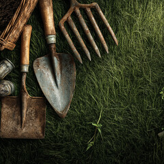 Rusty garden tools and accessories lying on green grass from a top down perspective