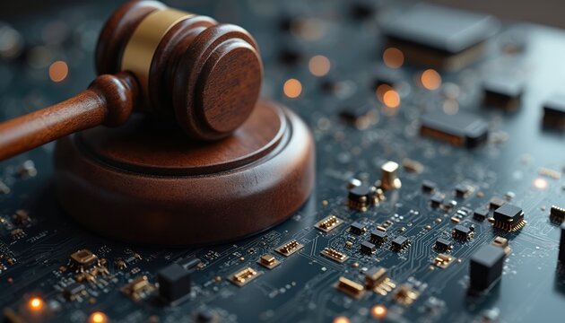 Wooden gavel resting circuit board. Cyber law concept, digital justice, online crime. Legal tech innovative approach, data security, privacy, online regulation. - Powered by Adobe