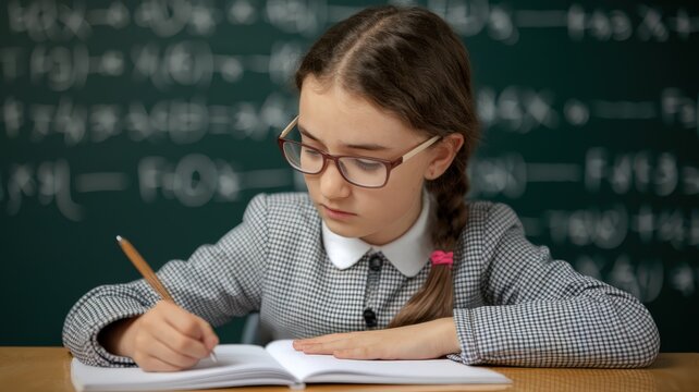 Focused schoolgirl writing in notebook at desk against chalkboard with math formulas.
