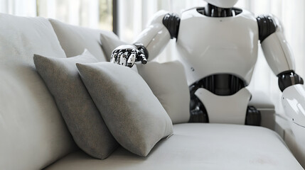 Humanoid Robot Relaxing on a Modern Sofa