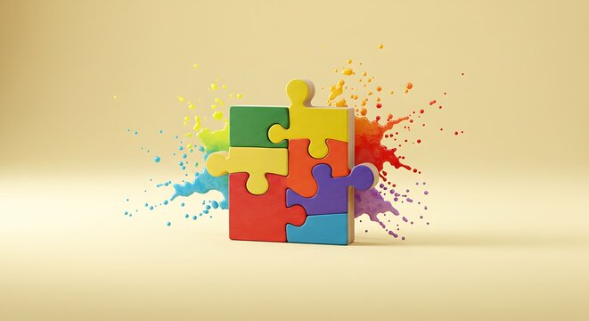 Colorful Puzzle Pieces Exploding with Vibrant Paint on Yellow Background