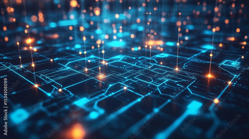 Aufkleber futuristic cyber network with glowing blockchain digital elements