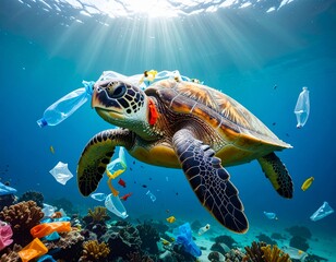 Fototapeta premium Sea turtle trapped in ocean plastic waste, swimming above coral reef. A strong message for marine conservation and plastic pollution awareness,international plastic bag free day