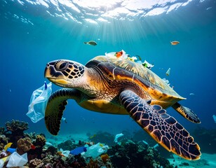 Sea turtle trapped in ocean plastic waste, swimming above coral reef. A strong message for marine conservation and plastic pollution awareness,international plastic bag free day