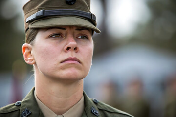 Focused Female Marine in Uniform Outdoors Featuring Olive Green Fabric and Sharp Facial Features for Background Art