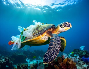 Sea turtle trapped in ocean plastic waste, swimming above coral reef. A strong message for marine conservation and plastic pollution awareness,international plastic bag free day