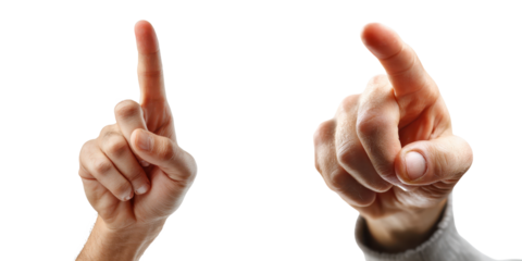 Two human hands pointing with index fingers extended, showing detailed skin texture and natural posture.