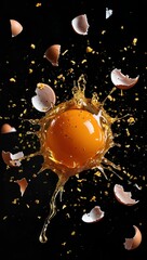 Fototapeta premium Exploding brown egg, yolk splatter, shell fragments, golden dust.