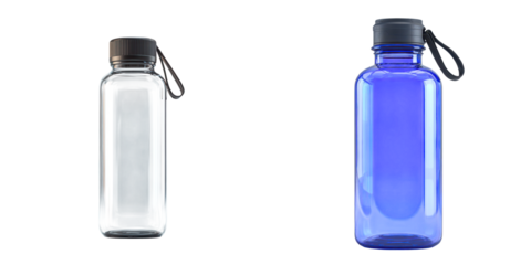 A black and a blue reusable water bottle with screw caps and carrying straps.