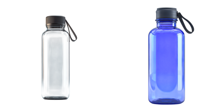 A black and a blue reusable water bottle with screw caps and carrying straps.