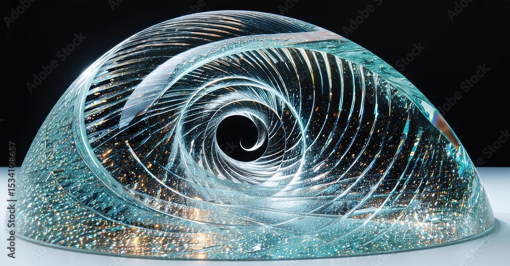 Aufkleber glass sculpture depicts swirling vortex. blue tones dominate, with gold flecks. smooth curves create