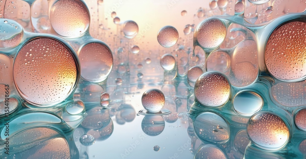 Poster abstract bubbles, water droplets create surreal reflections. soft colors blend, forming calming visu