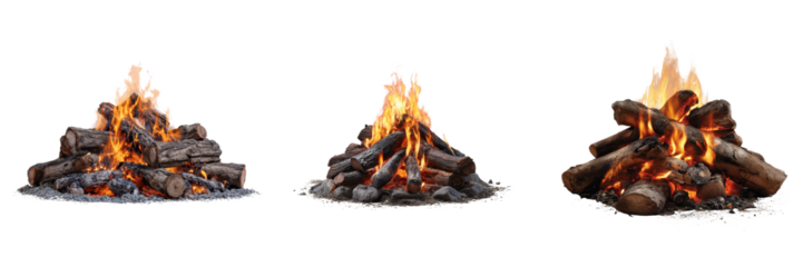 Three distinct campfires with burning logs and bright orange flames in varying arrangements.