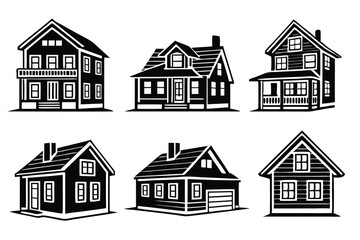 Collection of black and white house silhouettes representing different residential architectural styles