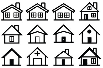 Collection of simple black and white line art house icons for design and applications