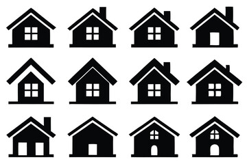 Fototapeta premium Twelve black and white house icons representing real estate and home ownership concepts