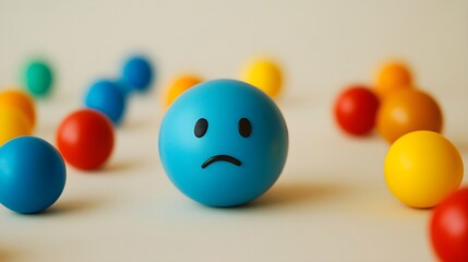 Sad Blue Cartoon Ball Standing Out Among Cheerful Colorful Balls for Emotion and Contrast Concept